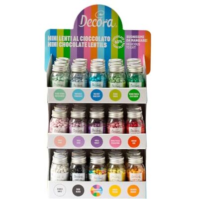 Decora , 2081210 Espositore con 45 Confezioni di Mini Lenti, Con 3 barattolini per 15 varianti di colore, Dim. ⌀ 10 mm, Pronte all’uso, Con il 60% di cioccolato al latte, Made in Italy Decora , 2081210 Espositore con 45 Confezioni di Mini Lenti, Con 3 barattolini per 15 varianti di colore, Dim. ⌀ 10 mm, Pronte all’uso, Con il 60% di cioccolato al latte, Made in Italy