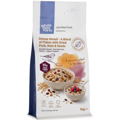 Wholefood Earth Muesli deluxe, un mix di fiocchi con frutta essiccata, frutta secca e semi, 1 kg, senza OGM, ad alto contenuto di fibre Wholefood Earth Muesli deluxe, un mix di fiocchi con frutta essiccata, frutta secca e semi, 1 kg, senza OGM, ad alto contenuto di fibre
