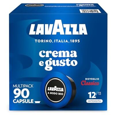 Lavazza , A Modo Mio Crema e Gusto Risveglio Classico, 90 Capsule Caffè, con Note di Cioccolato e Frutta Secca, Arabica e Robusta, Intensità 12/13, Tostatura Media Lavazza , A Modo Mio Crema e Gusto Risveglio Classico, 90 Capsule Caffè, con Note di Cioccolato e Frutta Secca, Arabica e Robusta, Intensità 12/13, Tostatura Media