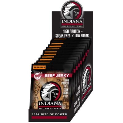 Indiana Jerky Beef Peppered, carne secca ad alto contenuto proteico, senza zuccheri aggiunti, senza glutine (15 pcs x 25g) Indiana Jerky Beef Peppered, carne secca ad alto contenuto proteico, senza zuccheri aggiunti, senza glutine (15 pcs x 25g)