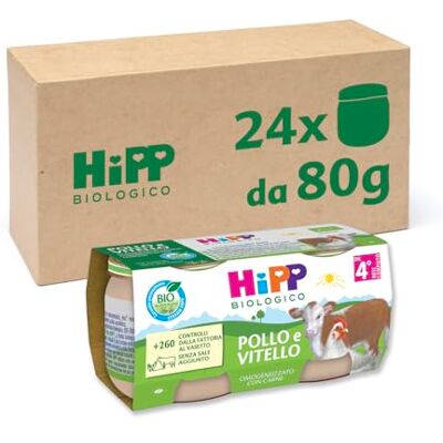 HiPP Omogeneizzato di Carne Biologico per Neonati, Gusto Pollo e Vitello, Senza glutine, Senza Sali e Aromi Aggiunti, Carne Bio, 24 Vasetti da 80 g HiPP Omogeneizzato di Carne Biologico per Neonati, Gusto Pollo e Vitello, Senza glutine, Senza Sali e Aromi Aggiunti, Carne Bio, 24 Vasetti da 80 g