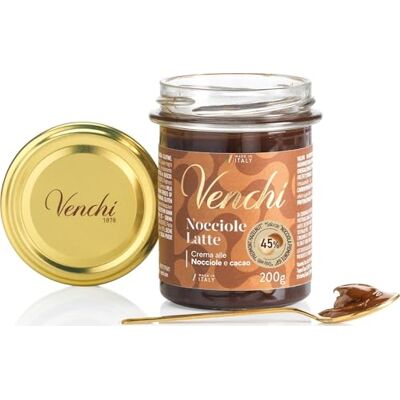 Venchi Crema Spalmabile Cioccolato al Latte e Nocciole, 200 g, con 45% "Nocciola Piemonte IGP", Senza Glutine, Senza Coloranti e Senza Conservanti Venchi Crema Spalmabile Cioccolato al Latte e Nocciole, 200 g, con 45% "Nocciola Piemonte IGP", Senza Glutine, Senza Coloranti e Senza Conservanti