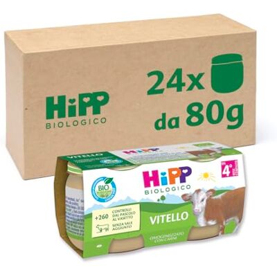 HiPP Omogeneizzato di Carne Biologico per Neonati, Gusto Vitello, Senza glutine, Senza Sali e Aromi Aggiunti, Carne Bio, 24 Vasetti da 80 g HiPP Omogeneizzato di Carne Biologico per Neonati, Gusto Vitello, Senza glutine, Senza Sali e Aromi Aggiunti, Carne Bio, 24 Vasetti da 80 g