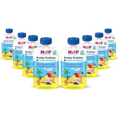 HiPP Frutta Frullata e Latte di Cocco Bio, Purea per Bambini al Gusto Mela, Banana e Mango con Avena Integrale, Senza Zuccheri Aggiunti, 8 Confezioni da 90 gr HiPP Frutta Frullata e Latte di Cocco Bio, Purea per Bambini al Gusto Mela, Banana e Mango con Avena Integrale, Senza Zuccheri Aggiunti, 8 Confezioni da 90 gr