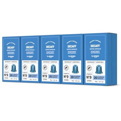 by Amazon Capsule caffè espresso decaffeinato compatibili con Nespresso, tostatura media, in alluminio, 100 unità, 5 confezioni da 20 Certificato Rainforest Alliance by Amazon Capsule caffè espresso decaffeinato compatibili con Nespresso, tostatura media, in alluminio, 100 unità, 5 confezioni da 20 Certificato Rainforest Alliance