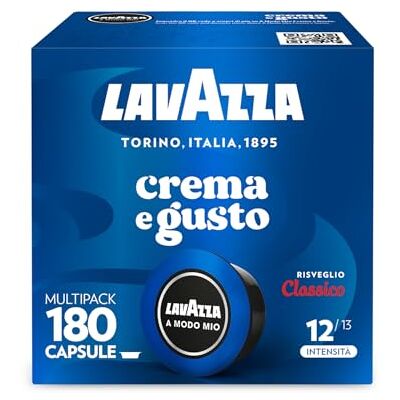 Lavazza , A Modo Mio Crema e Gusto Risveglio Classico, 180 Capsule Caffè, con Note di Cioccolato e Frutta Secca, Arabica e Robusta, Intensità 12/13, Tostatura Media, 5 Confezioni da 36 Capsule Lavazza , A Modo Mio Crema e Gusto Risveglio Classico, 180 Capsule Caffè, con Note di Cioccolato e Frutta Secca, Arabica e Robusta, Intensità 12/13, Tostatura Media, 5 Confezioni da 36 Capsule