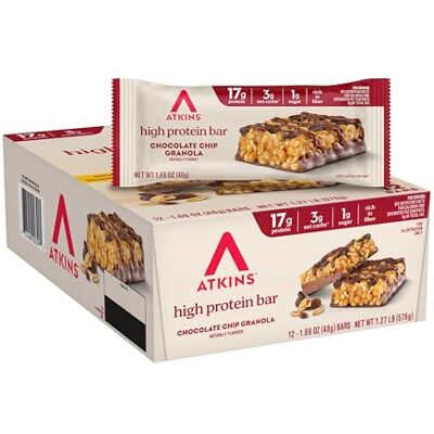 Atkins Barretta proteica di muesli con gocce di cioccolato, ad alto contenuto di fibre, 17 g di proteine, 1 g di zucchero, 3 g di carboidrati netti, sostituto dei pasti, adatto per cheto, 12 pezzi Atkins Barretta proteica di muesli con gocce di cioccolato, ad alto contenuto di fibre, 17 g di proteine, 1 g di zucchero, 3 g di carboidrati netti, sostituto dei pasti, adatto per cheto, 12 pezzi