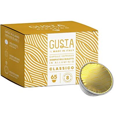 Bialetti Gusta Capsule Compatibili con Sistema , Alluminio, Gusto Classico, Box da 65 Capsule, 100% Riciclabili, Intensità 8 Bialetti Gusta Capsule Compatibili con Sistema , Alluminio, Gusto Classico, Box da 65 Capsule, 100% Riciclabili, Intensità 8