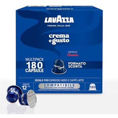 Lavazza , Crema e Gusto Classico, 180 Capsule in Alluminio Compatibili con Macchine Nespresso* Original, con Note di Spezie, Cioccolato e Legno, Arabica&Robusta, Intensità 12/13, Tostatura Media Lavazza , Crema e Gusto Classico, 180 Capsule in Alluminio Compatibili con Macchine Nespresso* Original, con Note di Spezie, Cioccolato e Legno, Arabica&Robusta, Intensità 12/13, Tostatura Media