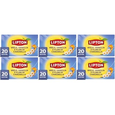 Lipton Miele, Vaniglia e fiori di Camomilla, infuso naturalmente senza caffeina, Infusi alla frutta ed erbe, Confezionati singolarmente, 120 filtri (6 confezioni da 20 filtri) Lipton Miele, Vaniglia e fiori di Camomilla, infuso naturalmente senza caffeina, Infusi alla frutta ed erbe, Confezionati singolarmente, 120 filtri (6 confezioni da 20 filtri)