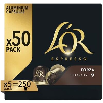 L'OR Capsule Caffè Espresso Forza 250 Capsule in Alluminio 5 pacchetti da 50 Intensità 9 Compatibili con Macchine Nespresso®* original L'OR Capsule Caffè Espresso Forza 250 Capsule in Alluminio 5 pacchetti da 50 Intensità 9 Compatibili con Macchine Nespresso®* original