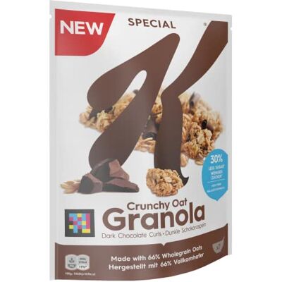 Kellogg's Special K Crunchy Oat Granola Dark Chocolate Curls (1 x 320 g) – Cereali croccanti ricchi di fibre con scorze di cioccolato scuro – con il 30% di zucchero in meno Kellogg's Special K Crunchy Oat Granola Dark Chocolate Curls (1 x 320 g) – Cereali croccanti ricchi di fibre con scorze di cioccolato scuro – con il 30% di zucchero in meno