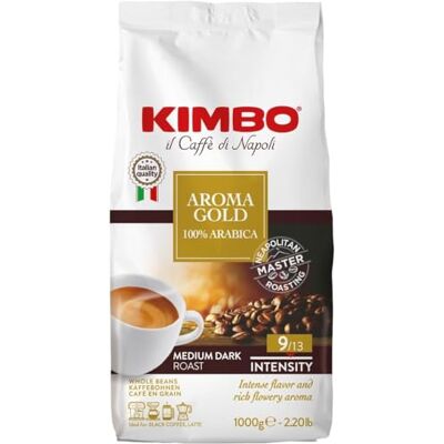 Kimbo Aroma Gold Coffee Beans 1kg (1 kg, Whole bean) Gusto aromatico morbido, profilo medio-scuro, tostato e miscelato in Italia Kimbo Aroma Gold Coffee Beans 1kg (1 kg, Whole bean) Gusto aromatico morbido, profilo medio-scuro, tostato e miscelato in Italia