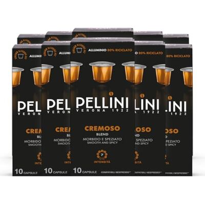 Pellini Cremoso, 100 Capsule in Alluminio Compatibili Nespresso, Miscela di Caffè Arabica e Robusta dal Gusto Avvolgente, Speziato con Note di Caramello e Nocciola, 10 Confezioni da 10 Capsule Pellini Cremoso, 100 Capsule in Alluminio Compatibili Nespresso, Miscela di Caffè Arabica e Robusta dal Gusto Avvolgente, Speziato con Note di Caramello e Nocciola, 10 Confezioni da 10 Capsule
