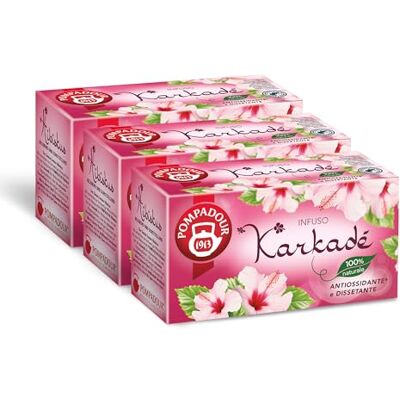 Pompadour , Infuso Karkadé, 60 Filtri (3 Confezioni da 20 Filtri), Tonico e Dissetante, 100% Naturale, Senza Lattosio, Glutine e Allergeni, Vegan Pompadour , Infuso Karkadé, 60 Filtri (3 Confezioni da 20 Filtri), Tonico e Dissetante, 100% Naturale, Senza Lattosio, Glutine e Allergeni, Vegan