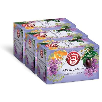 Pompadour , Tisana Regolarità Plus con Finocchio e Prugna, 54 Filtri (3 Confezioni da 18 Filtri), Ideale per Regolare il Transito Intestinale, Senza Lattosio, Glutine e Allergeni, Vegan Pompadour , Tisana Regolarità Plus con Finocchio e Prugna, 54 Filtri (3 Confezioni da 18 Filtri), Ideale per Regolare il Transito Intestinale, Senza Lattosio, Glutine e Allergeni, Vegan