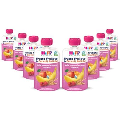 HiPP Frutta Frullata e Cereali Antichi Bio, Purea per Bambini al Gusto Mela, Banana e Lampone, Arricchita con Farro, Senza Zuccheri Aggiunti, 8 Confezioni da 90 gr HiPP Frutta Frullata e Cereali Antichi Bio, Purea per Bambini al Gusto Mela, Banana e Lampone, Arricchita con Farro, Senza Zuccheri Aggiunti, 8 Confezioni da 90 gr