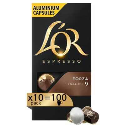 L'OR Capsule Caffè Espresso Forza 100 Capsule in Alluminio 10 pacchetti da 10 Intensità 9 Compatibili con Macchine Nespresso®* original L'OR Capsule Caffè Espresso Forza 100 Capsule in Alluminio 10 pacchetti da 10 Intensità 9 Compatibili con Macchine Nespresso®* original