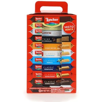 Loacker , Misto Bontà, 11 Wafer Vari Gusti da 45g l'uno, Formato 466,5g Confezione Regalo con 11 Wafer Assortiti Monoporzione, Snack Dolci per Merenda, Colazione e Dessert Loacker , Misto Bontà, 11 Wafer Vari Gusti da 45g l'uno, Formato 466,5g Confezione Regalo con 11 Wafer Assortiti Monoporzione, Snack Dolci per Merenda, Colazione e Dessert