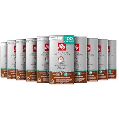illy , Caffè in Capsule Compatibili in Alluminio Arabica Selection Brasile Cerrado Mineiro, 100% Arabica con Note di Caramello e Frutta Secca, Gusto Intenso, 10 Confezioni da 10 (100 Capsule Totali) illy , Caffè in Capsule Compatibili in Alluminio Arabica Selection Brasile Cerrado Mineiro, 100% Arabica con Note di Caramello e Frutta Secca, Gusto Intenso, 10 Confezioni da 10 (100 Capsule Totali)