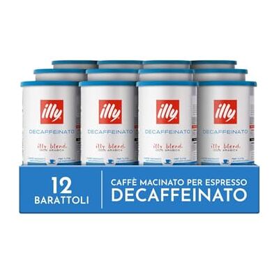 illy , Caffè Macinato per Espresso Tostato DECAFFEINATO, 100% Arabica con Note di Caramello, Cioccolato e Pan Tostato, Senza Caffeina, Gusto Equilibrato, Confezione da 12 Barattoli (12x185g) illy , Caffè Macinato per Espresso Tostato DECAFFEINATO, 100% Arabica con Note di Caramello, Cioccolato e Pan Tostato, Senza Caffeina, Gusto Equilibrato, Confezione da 12 Barattoli (12x185g)