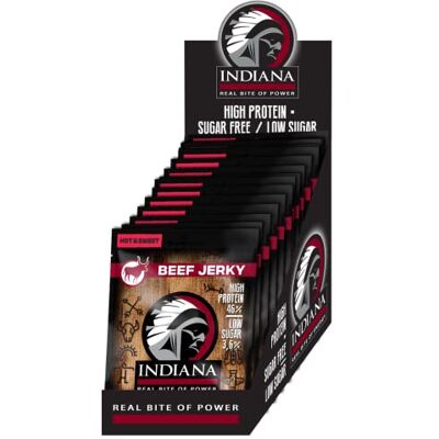 Indiana Jerky Beef Hot & Sweet, carne secca ad alto contenuto proteico, senza zuccheri aggiunti, senza glutine, con sale marino 25 g x 15 pcs Indiana Jerky Beef Hot & Sweet, carne secca ad alto contenuto proteico, senza zuccheri aggiunti, senza glutine, con sale marino 25 g x 15 pcs
