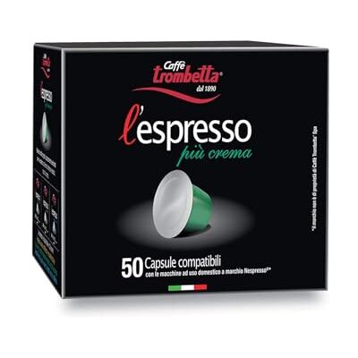 CAFFÉ TROMBETTA DAL 1890 Caffè Trombetta l'Espresso Capsule Compatibili Nespresso, Più Crema, 50 Capsule CAFFÉ TROMBETTA DAL 1890 Caffè Trombetta l'Espresso Capsule Compatibili Nespresso, Più Crema, 50 Capsule