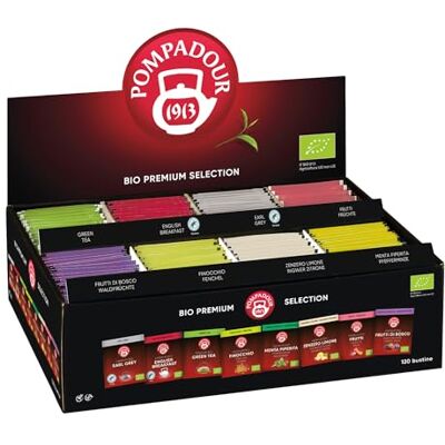 Pompadour , Bio Premium Selection Box, Cofanetto di Tè e Infusi Biologici Assortiti, 120 Filtri (8 Miscele Assortite da 15 Filtri), Selezione Pregiata di Tè e Infusi Senza Lattosio, Glutine e Allergeni Pompadour , Bio Premium Selection Box, Cofanetto di Tè e Infusi Biologici Assortiti, 120 Filtri (8 Miscele Assortite da 15 Filtri), Selezione Pregiata di Tè e Infusi Senza Lattosio, Glutine e Allergeni