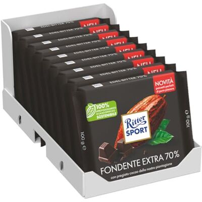 Ritter Sport Fondente 70% Cacao, Tavoletta di Cioccolato Extra Fondente con Ingredienti Selezionati, Materie Prime da Filiera Certificata Sostenibile, 9 Pezzi x 100 g Ritter Sport Fondente 70% Cacao, Tavoletta di Cioccolato Extra Fondente con Ingredienti Selezionati, Materie Prime da Filiera Certificata Sostenibile, 9 Pezzi x 100 g
