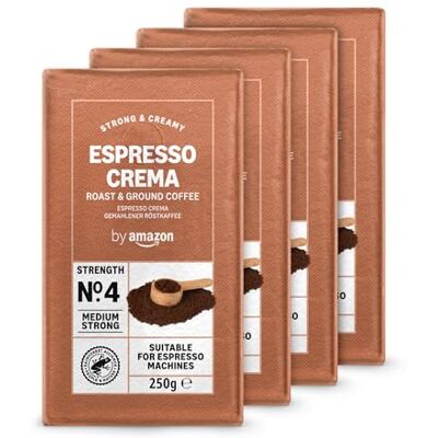 by Amazon Espresso Crema Macinato, Tostatura chiara, caffeinato, 250 g, Confezione da 4 Certificato Rainforest Alliance by Amazon Espresso Crema Macinato, Tostatura chiara, caffeinato, 250 g, Confezione da 4 Certificato Rainforest Alliance