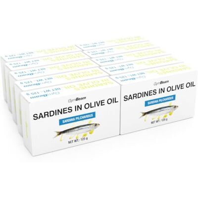 GymBeam Sardine Ricche di Proteine 10 x 125 g, Omega 3, Con Olio di Oliva di Qualità dalla Costa del Marocco, Snack Salutare per Atleti, Peso Sgocciolato 90g, Ideale per Viaggi e Piatti Vari GymBeam Sardine Ricche di Proteine 10 x 125 g, Omega 3, Con Olio di Oliva di Qualità dalla Costa del Marocco, Snack Salutare per Atleti, Peso Sgocciolato 90g, Ideale per Viaggi e Piatti Vari