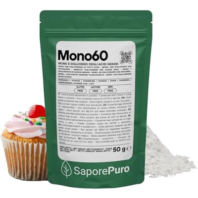 SaporePuro Mono60 – Mono e Digliceridi degli Acidi Grassi 50 g – Emulsionante Alimentare di Origine Vegetale Senza Glutine per Gelati, Sorbetti, Margarine, Creme Spalmabili e Pasticceria SaporePuro Mono60 – Mono e Digliceridi degli Acidi Grassi 50 g – Emulsionante Alimentare di Origine Vegetale Senza Glutine per Gelati, Sorbetti, Margarine, Creme Spalmabili e Pasticceria