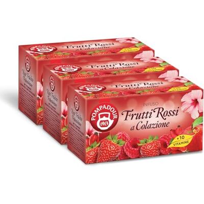 Pompadour , Infuso Frutti Rossi a Colazione con 10 Vitamine, 60 Filtri (3 Confezioni da 20 Filtri), Dolce e Fruttato, Piace anche ai Bambini, Senza Lattosio, Glutine e Allergeni, Vegan Pompadour , Infuso Frutti Rossi a Colazione con 10 Vitamine, 60 Filtri (3 Confezioni da 20 Filtri), Dolce e Fruttato, Piace anche ai Bambini, Senza Lattosio, Glutine e Allergeni, Vegan