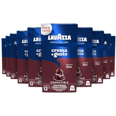 Lavazza , Crema e Gusto Ricco, 100 Capsule in Alluminio Compatibili con Macchine Nespresso Original, con Note di Cioccolato, Legno e Spezie, Arabica e Robusta, Intensità 11, Tostatura Scura Lavazza , Crema e Gusto Ricco, 100 Capsule in Alluminio Compatibili con Macchine Nespresso Original, con Note di Cioccolato, Legno e Spezie, Arabica e Robusta, Intensità 11, Tostatura Scura