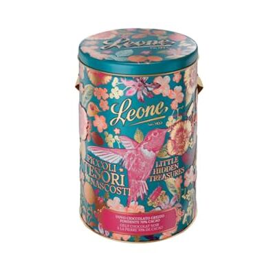 Pastiglie Leone Cilindro Uovo Cioccolato Fondente 70% Grezzo Confezione in Latta da 350 g Pastiglie Leone Cilindro Uovo Cioccolato Fondente 70% Grezzo Confezione in Latta da 350 g