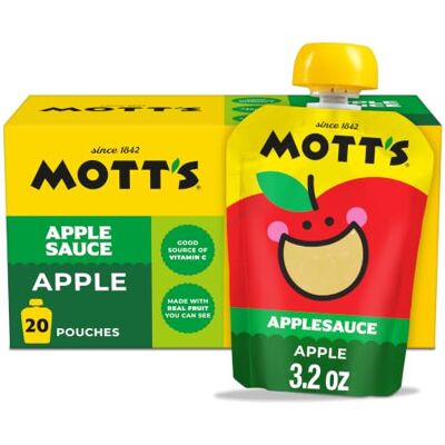 Mott's Salsa di mele, realizzata con frutta vera, senza aromi artificiali, buona fonte di vitamina C, sacchetti trasparenti da 90,7 g, confezione da 20 Mott's Salsa di mele, realizzata con frutta vera, senza aromi artificiali, buona fonte di vitamina C, sacchetti trasparenti da 90,7 g, confezione da 20