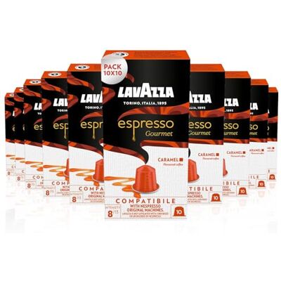 Lavazza , Espresso Gourmet Caramel, 100 Capsule in Alluminio Compatibili con Macchine Nespresso* Original, con l'Aroma Naturale del Caramello, 100% Arabica, Intensità 8/13, Tostatura Media Lavazza , Espresso Gourmet Caramel, 100 Capsule in Alluminio Compatibili con Macchine Nespresso* Original, con l'Aroma Naturale del Caramello, 100% Arabica, Intensità 8/13, Tostatura Media