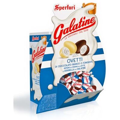 Sperlari Ovetti di cioccolato Bianco o Fondente Ripieni di Crema al latte e Granella di Tavolette al Latte in Polvere Galatine Sperlari Ovetti di cioccolato Bianco o Fondente Ripieni di Crema al latte e Granella di Tavolette al Latte in Polvere Galatine