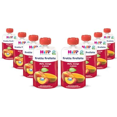 HiPP Frutta Frullata Bio per Bambini, Purea 100% Frutta al Gusto Mela, Mango e Pesca, Senza Zuccheri Aggiunti, 8 Confezioni da 90 g HiPP Frutta Frullata Bio per Bambini, Purea 100% Frutta al Gusto Mela, Mango e Pesca, Senza Zuccheri Aggiunti, 8 Confezioni da 90 g