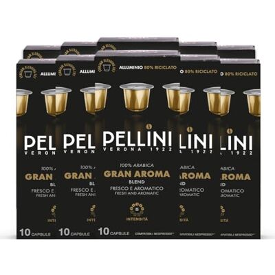 Pellini Gran Aroma 100% Arabica, 100 Capsule in Alluminio Compatibili Nespresso, Caffè 100% Arabica delicato con Note Floreali e di Amaretto, 10 Confezioni da 10 Capsule Pellini Gran Aroma 100% Arabica, 100 Capsule in Alluminio Compatibili Nespresso, Caffè 100% Arabica delicato con Note Floreali e di Amaretto, 10 Confezioni da 10 Capsule