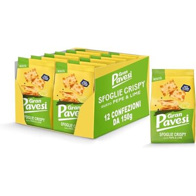 Pavesi Gran Cracker Le Sfoglie Crispy Gusto Lime e Pepe, Cotte al Forno, Snack Salato e Croccante, Senza Olio di Palma, 12 Confezioni da 150 Pavesi Gran Cracker Le Sfoglie Crispy Gusto Lime e Pepe, Cotte al Forno, Snack Salato e Croccante, Senza Olio di Palma, 12 Confezioni da 150
