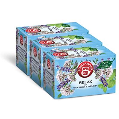 Pompadour , Tisana Relax Plus con Valeriana e Melissa, 54 Filtri (3 Confezioni da 18 Filtri), Favorisce un ottimo Rilassamento Fisico e Mentale, Senza Lattosio, Glutine e Allergeni, Vegan Pompadour , Tisana Relax Plus con Valeriana e Melissa, 54 Filtri (3 Confezioni da 18 Filtri), Favorisce un ottimo Rilassamento Fisico e Mentale, Senza Lattosio, Glutine e Allergeni, Vegan