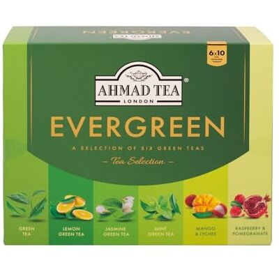 Ahmad Tea , EverGreen Selection Selezione di Tè Verde Puro o Aromatizzato alla Frutta/Fiori in 6 Gusti Diversi Cofanetto con 6 Confezioni da 10 Bustine Ahmad Tea , EverGreen Selection Selezione di Tè Verde Puro o Aromatizzato alla Frutta/Fiori in 6 Gusti Diversi Cofanetto con 6 Confezioni da 10 Bustine