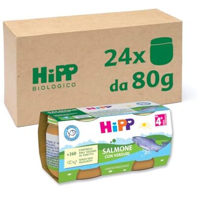 HiPP Omogeneizzato di Pesce per Neonati, Gusto Salmone con Verdure, Senza glutine e Senza Aggiunta di Sale e Aromi, 24 Vasetti da 80 g HiPP Omogeneizzato di Pesce per Neonati, Gusto Salmone con Verdure, Senza glutine e Senza Aggiunta di Sale e Aromi, 24 Vasetti da 80 g