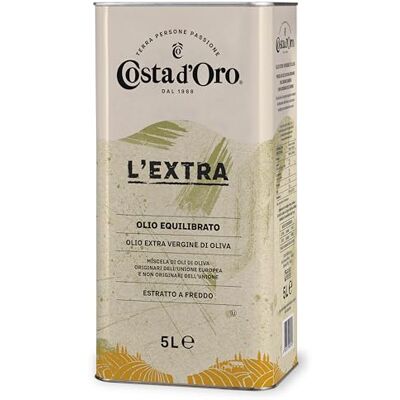 Costa d'Oro Costa d’Oro – L’Extra . Olio Extravergine di oliva estratto a freddo. Sapore equilibrato, adatto a tutte le ricette e come condimento per insalate. Latta da 5 litri, 1 Costa d'Oro Costa d’Oro – L’Extra . Olio Extravergine di oliva estratto a freddo. Sapore equilibrato, adatto a tutte le ricette e come condimento per insalate. Latta da 5 litri, 1