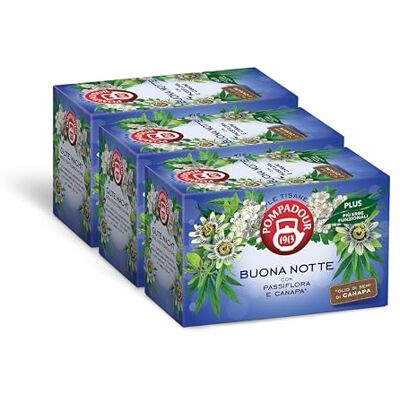 Pompadour , Tisana Buona Notte Plus, 54 Filtri (3 Confezioni da 18 Filtri), con Passiflora e Canapa, Ideale alla Sera per Favorire il Sonno, Senza Lattosio, Glutine e Allergeni Pompadour , Tisana Buona Notte Plus, 54 Filtri (3 Confezioni da 18 Filtri), con Passiflora e Canapa, Ideale alla Sera per Favorire il Sonno, Senza Lattosio, Glutine e Allergeni