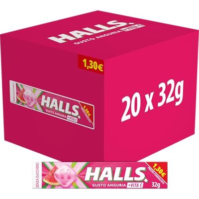 HALLS Anguria, Caramella senza zucchero, 20 sticks da 32 grammi HALLS Anguria, Caramella senza zucchero, 20 sticks da 32 grammi