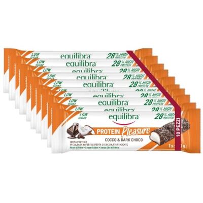 Equilibra Alimenti Proteici, Protein Pleasure Cocco & Dark Choco, Barretta Proteica Ricoperta di Cioccolato, Low Sugar, High Protein, Senza Glutine, Senza Olio di Palma, 10 Barrette da 30 g Equilibra Alimenti Proteici, Protein Pleasure Cocco & Dark Choco, Barretta Proteica Ricoperta di Cioccolato, Low Sugar, High Protein, Senza Glutine, Senza Olio di Palma, 10 Barrette da 30 g