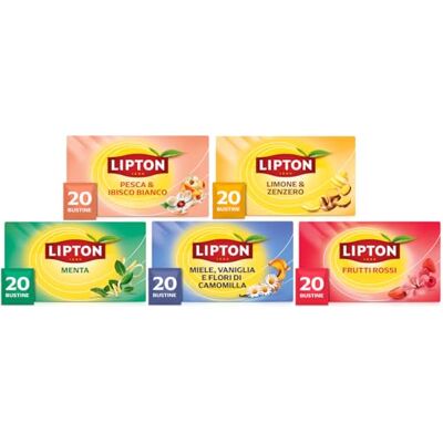 Lipton Fruit & Herbal Mix 5 confezioni Vaniglia, Menta, Pesca, Frutti Rossi, Limone, 20 filtri per confezione, 100 filtri Lipton Fruit & Herbal Mix 5 confezioni Vaniglia, Menta, Pesca, Frutti Rossi, Limone, 20 filtri per confezione, 100 filtri