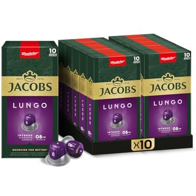 Jacobs Capsule Lungo Intenso, Intensità 8, 100 capsule di caffè compatibili Nespresso®, confezione da 10 pezzi, 10 x 10 bevande Jacobs Capsule Lungo Intenso, Intensità 8, 100 capsule di caffè compatibili Nespresso®, confezione da 10 pezzi, 10 x 10 bevande